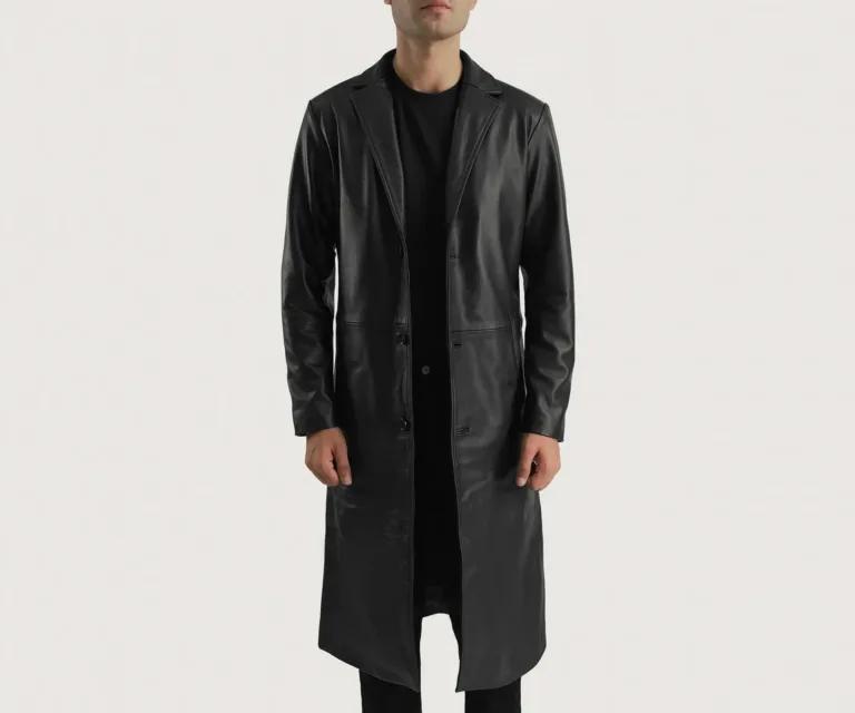 Mateo Black Leather Single Breasted Coat — Front Open Hero Presentation