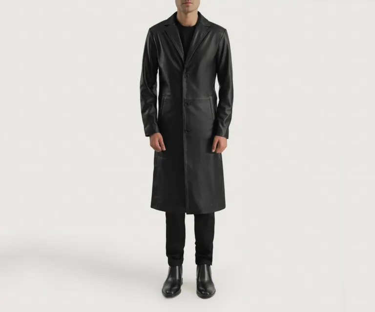 Mateo Black Leather Single Breasted Coat — Quarter Angle Profile & Contoured Sleeve Detail