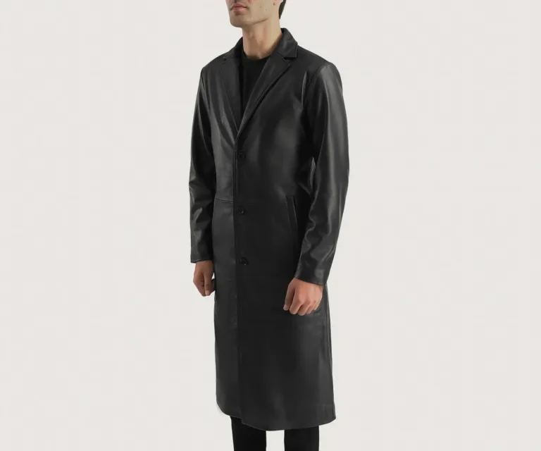 Mateo Black Leather Single Breasted Coat — Front Collar & Placket Thermal Detail