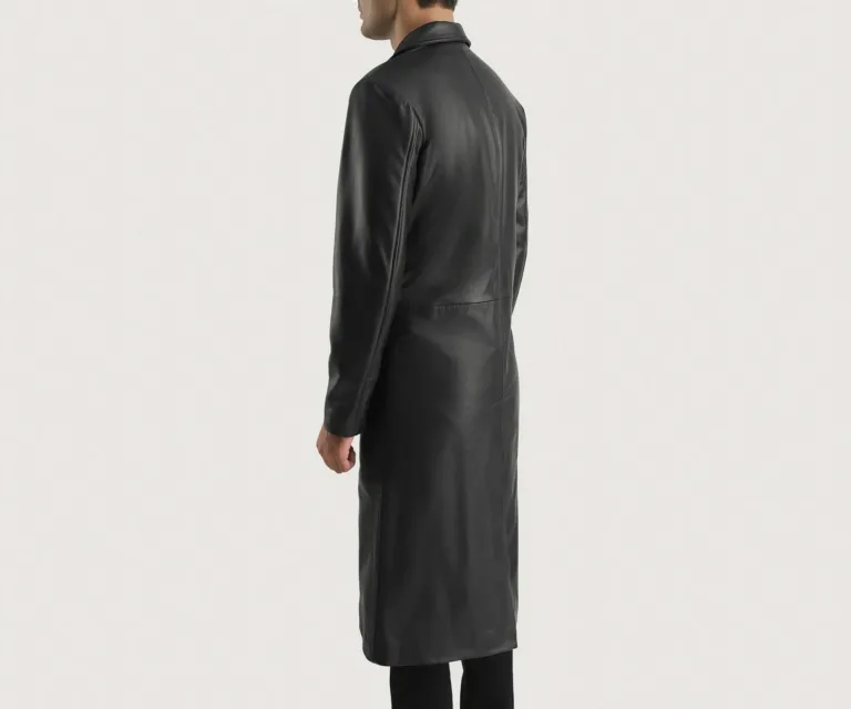 Mateo Black Leather Single Breasted Coat — Rear Back View & Tailored Hemline