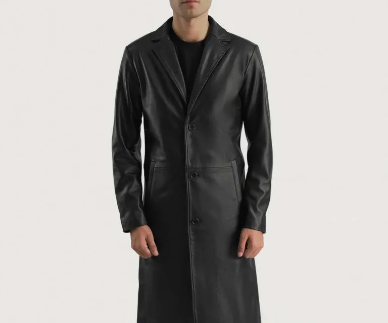 Mateo Black Leather Single Breasted Coat — Macro Detail Texture, Stitching & Hardware