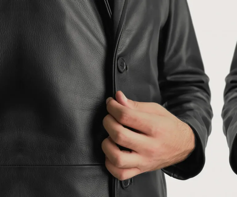 Mateo Black Leather Single Breasted Coat — Full-Length Model Editorial Presentation