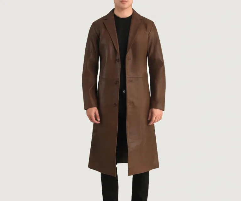 Mateo Brown Leather Single Breasted Coat — Front Open Hero Presentation
