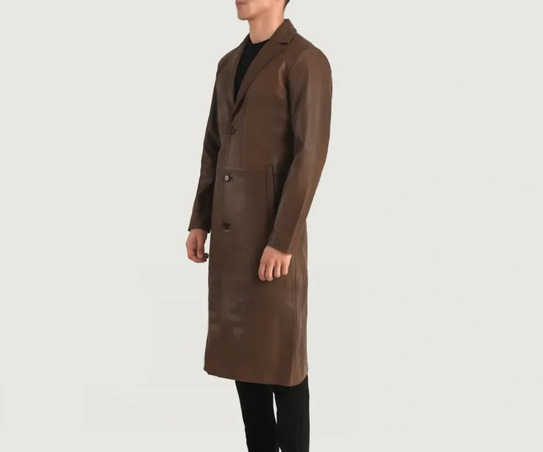 Mateo Brown Leather Single Breasted Coat — Quarter Angle Profile & Contoured Sleeve Detail