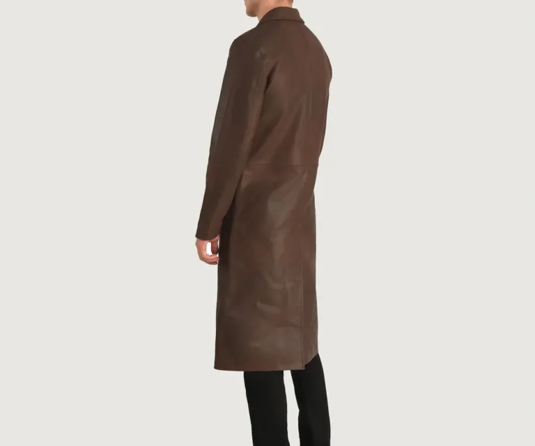 Mateo Brown Leather Single Breasted Coat — Rear Back View & Tailored Hemline