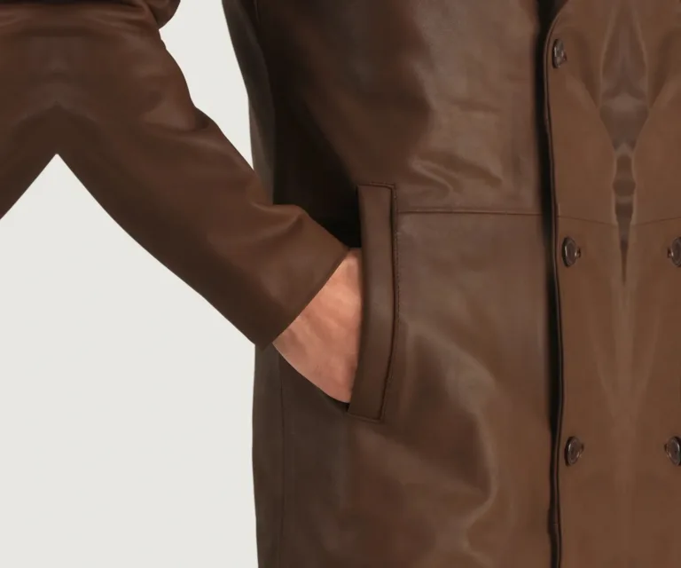 Mateo Brown Leather Single Breasted Coat — Macro Detail Texture, Stitching & Hardware