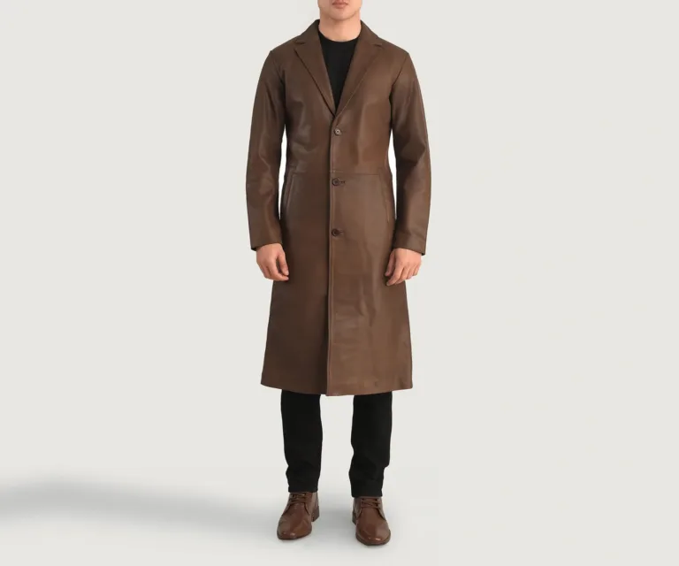 Mateo Brown Leather Single Breasted Coat — Full-Length Model Editorial Presentation