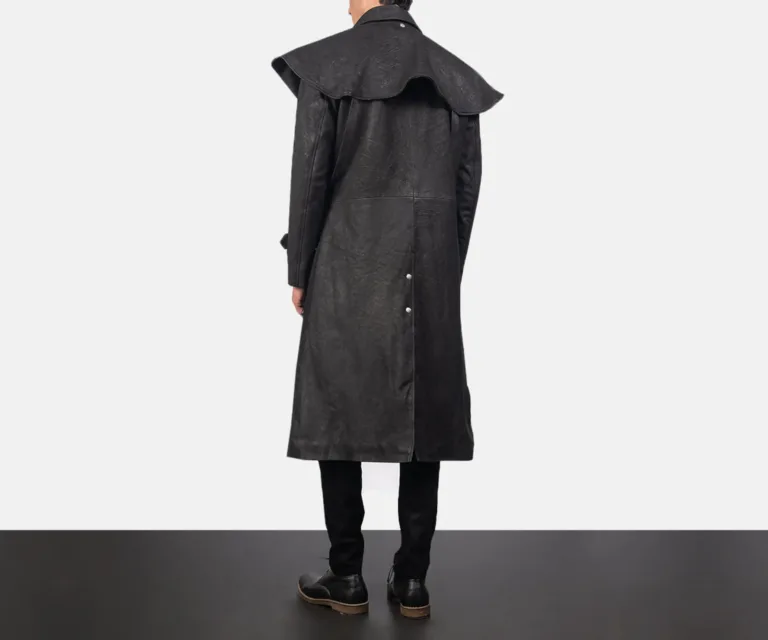 Maverick Black Leather Duster — Front Detail & Closure