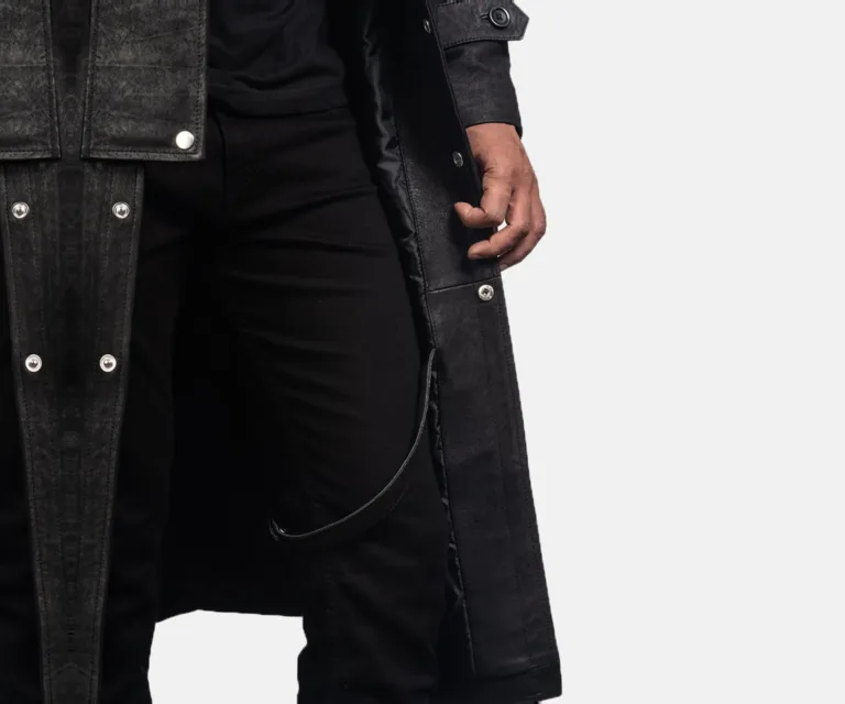 Maverick Black Leather Duster — Full Editorial Model Perspective