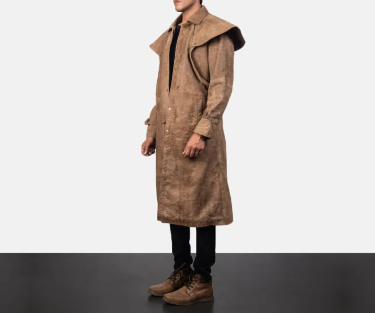 Maverick Brown Leather Duster — Quarter Angle Profile & Contoured Sleeve Detail
