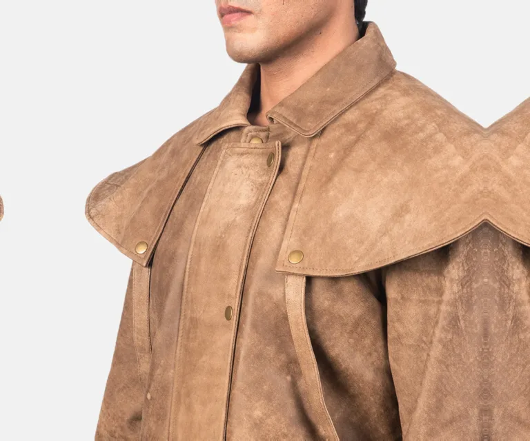 Maverick Brown Leather Duster — Macro Detail Soft Suede Nap, Stitching & Buttons