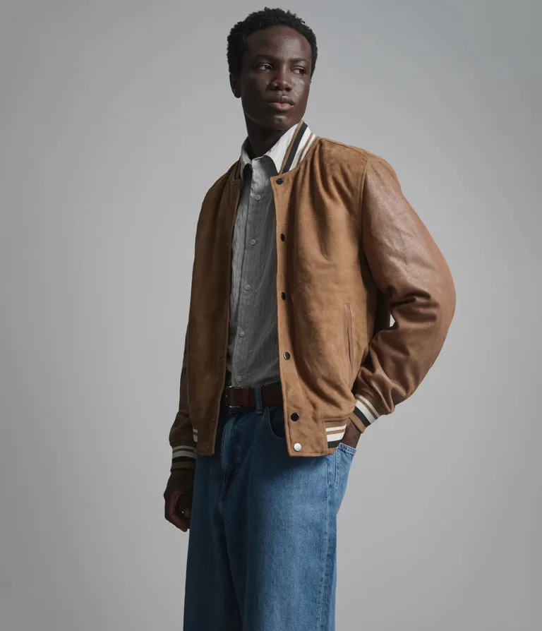 Micah Vintage Varsity Jacket in Camel suede, side, image 2 of 6.