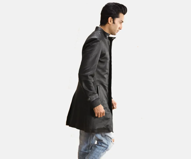 Midlander Quilted Black Leather Coat — Three-Quarter Perspective