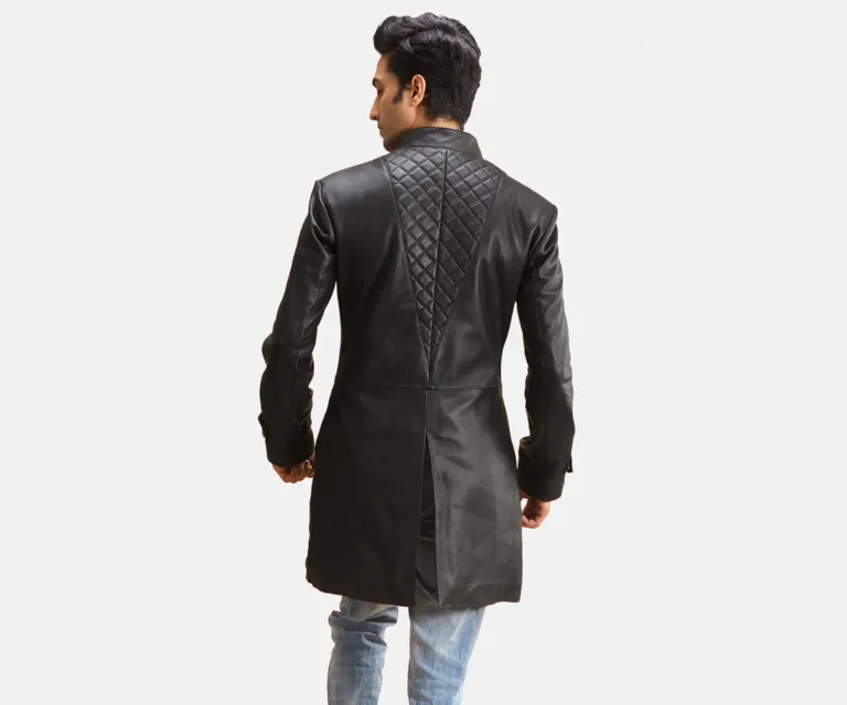 Midlander Quilted Black Leather Coat — Front Detail & Closure