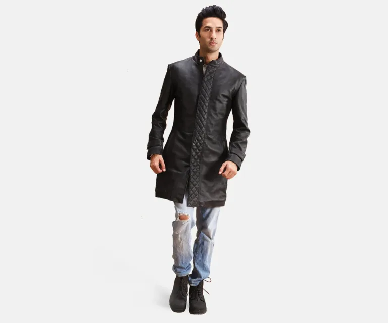 Midlander Quilted Black Leather Coat — Rear Profile View