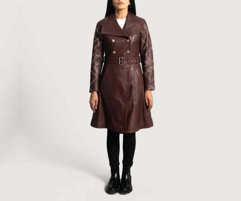Missoni Maroon Leather Trench Coat Luxury Women's Outerwear — Three-Quarter Editorial Perspective
