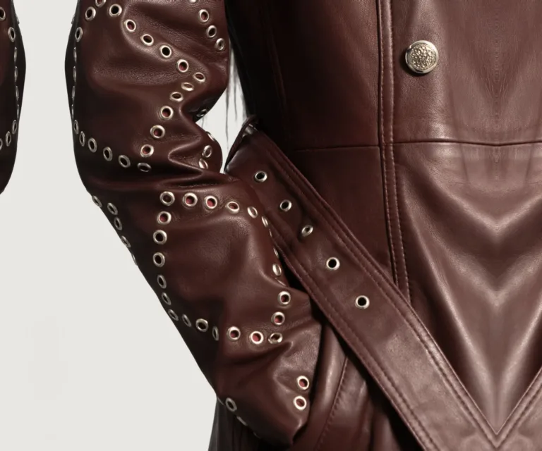 Missoni Maroon Leather Trench Coat Luxury Women's Outerwear — Rear Profile & Tailored Seaming