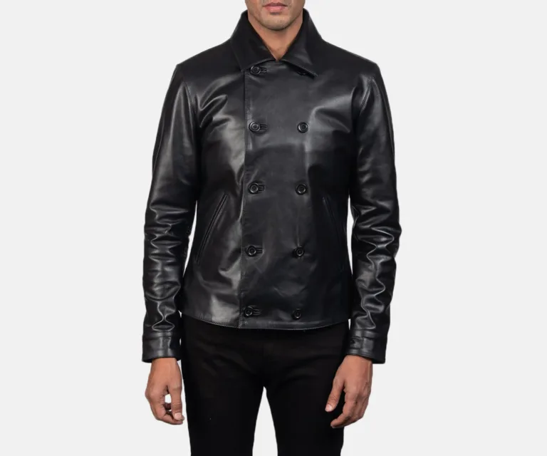Mod Black Leather Peacoat — Front Open Hero Presentation