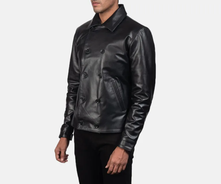Mod Black Leather Peacoat — Quarter Angle Profile & Contoured Sleeve Detail