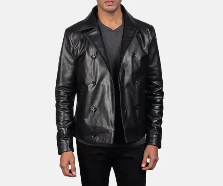 Mod Black Leather Peacoat — Rear Back View & Tailored Vent Hemline