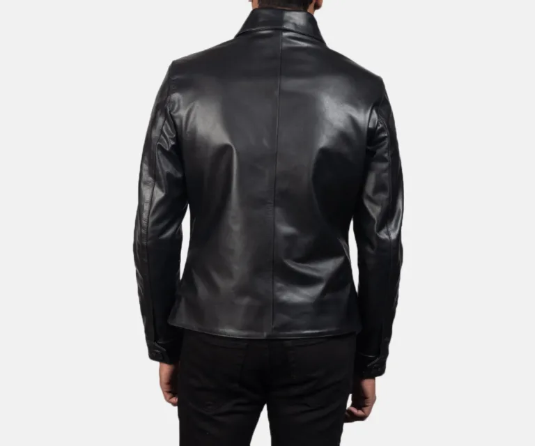 Mod Black Leather Peacoat — Macro Detail Leather Grain, Stitching & Buttons