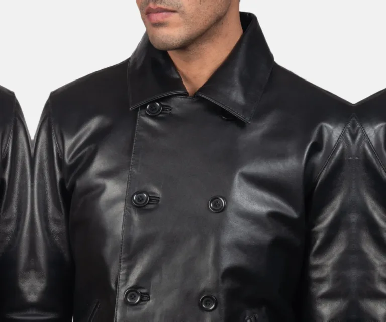 Mod Black Leather Peacoat — Full-Length Model Editorial Presentation