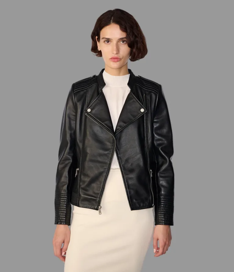 Monica Asymmetrical Leather Moto Jacket in Black, official Wilsons Leather product photo 1