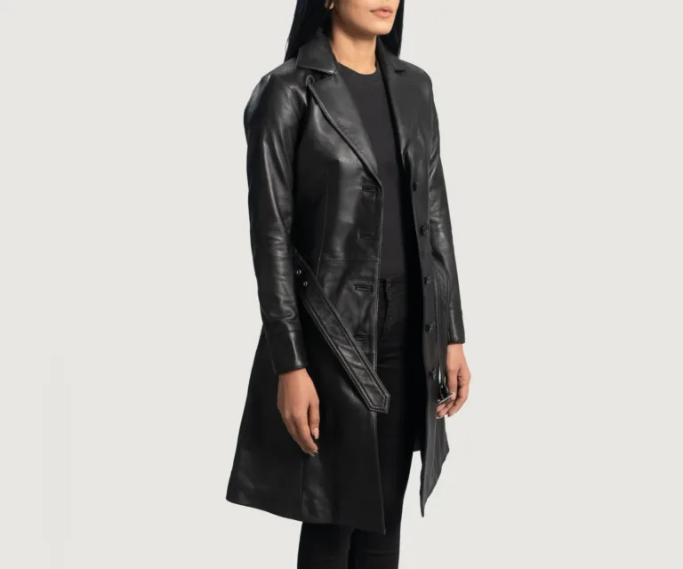 Moonlight Black Leather Trench Coat Luxury Women's Outerwear — Three-Quarter Editorial Perspective