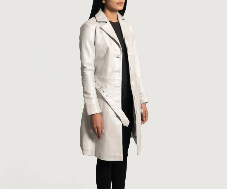 Moonlight Silver Leather Trench Coat Luxury Women's Outerwear — Collar & Closure Architecture