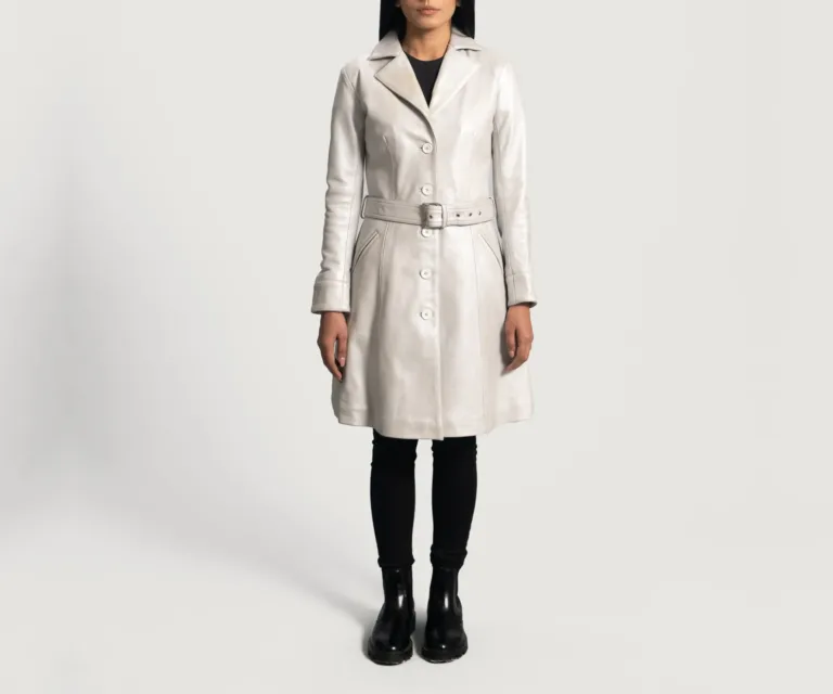 Moonlight Silver Leather Trench Coat Luxury Women's Outerwear — Rear Profile & Tailored Seaming