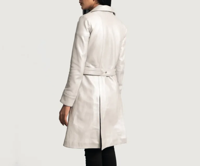 Moonlight Silver Leather Trench Coat Luxury Women's Outerwear — Macro Hardware & Leather Grain