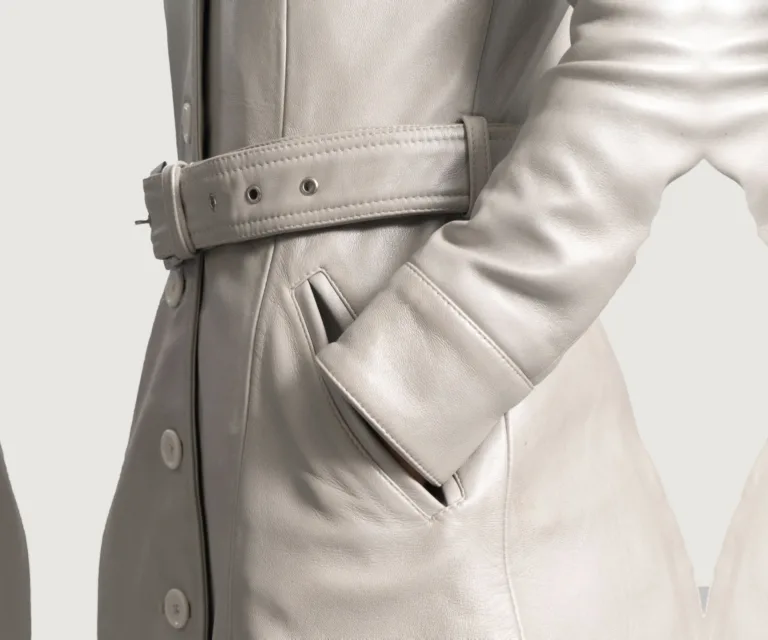 Moonlight Silver Leather Trench Coat Luxury Women's Outerwear — Full-Length Silhouette & Drape