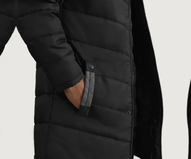Moore Black Hooded Parka — Front Collar & Placket Thermal Detail