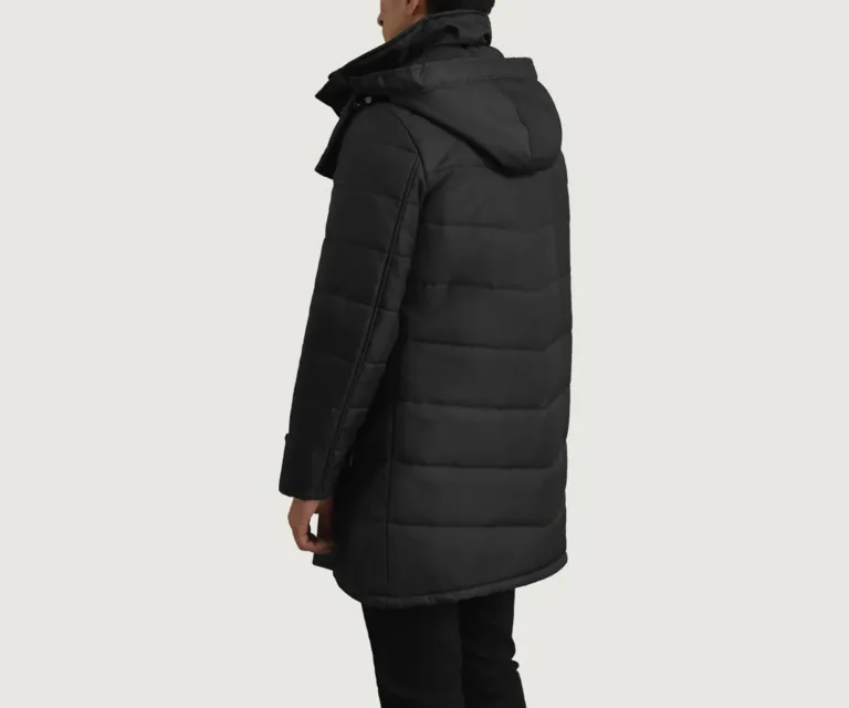 Moore Black Hooded Parka — Rear Back View & Tailored Hemline