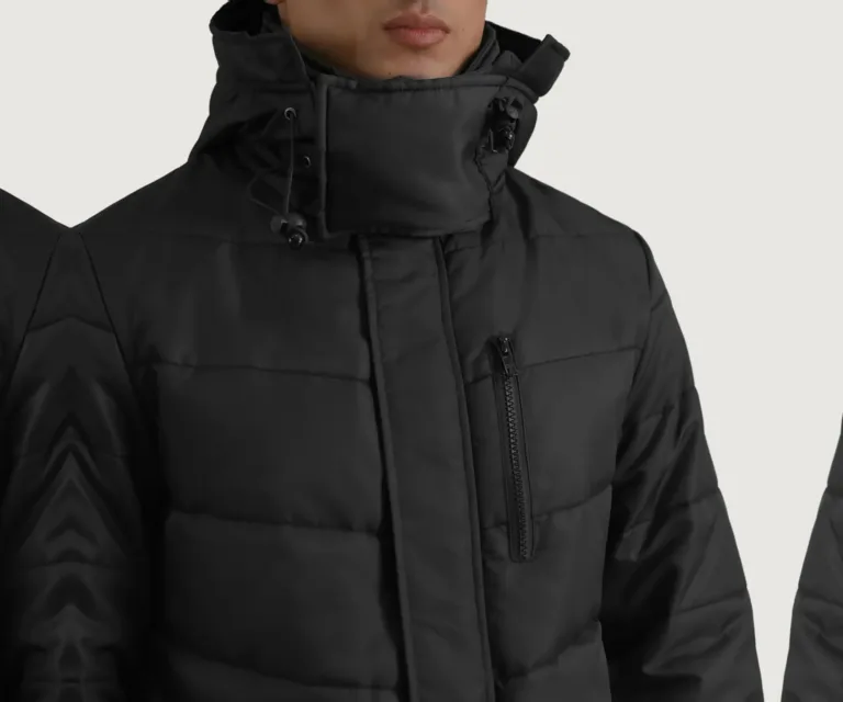 Moore Black Hooded Parka — Macro Detail Texture, Stitching & Hardware