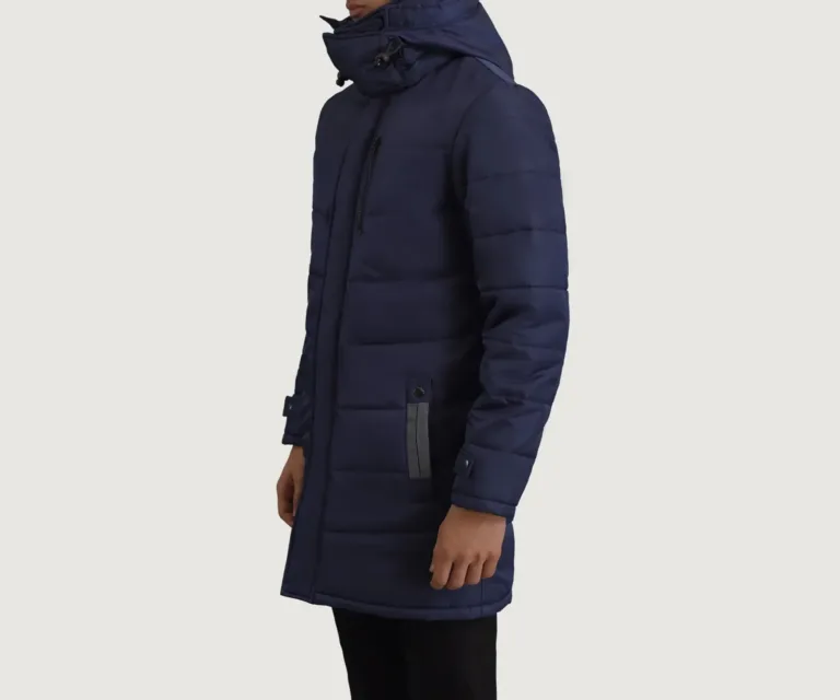 Moore Blue Hooded Parka — Quarter Angle Profile & Contoured Sleeve Detail