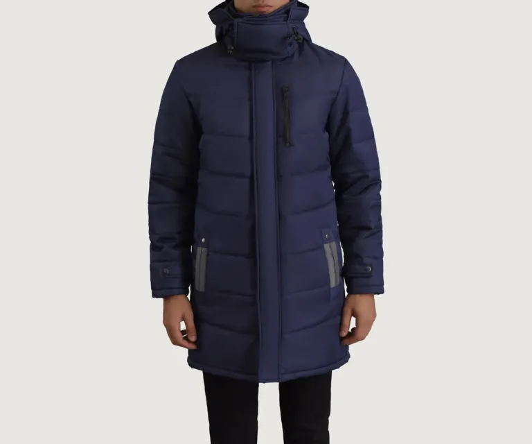 Moore Blue Hooded Parka — Front Collar & Placket Thermal Detail