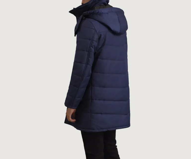Moore Blue Hooded Parka — Rear Back View & Tailored Hemline