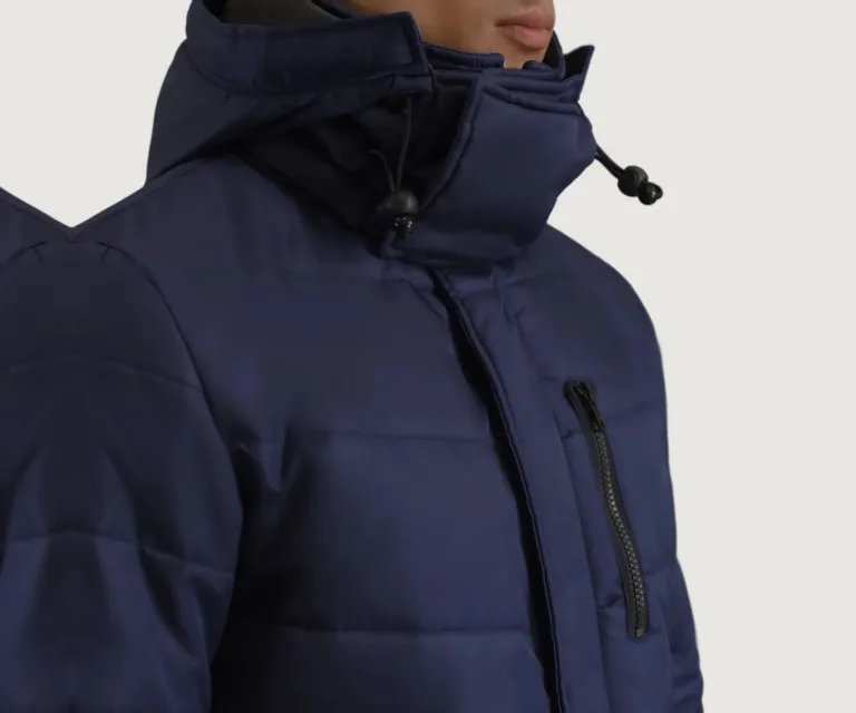 Moore Blue Hooded Parka — Macro Detail Texture, Stitching & Hardware