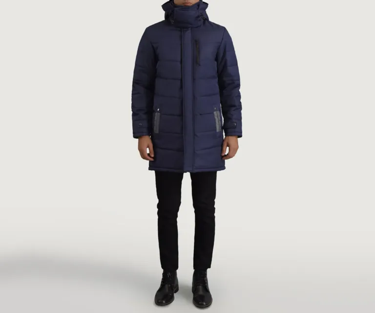 Moore Blue Hooded Parka — Full-Length Model Editorial Presentation