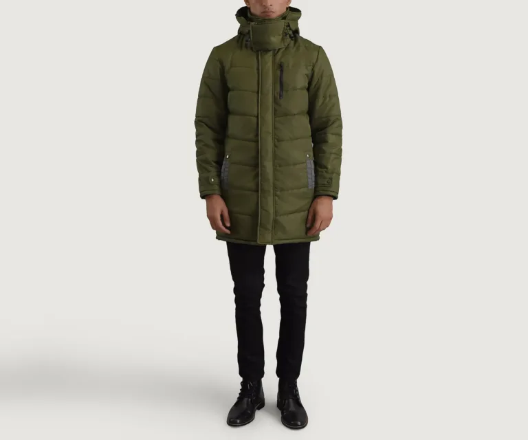 Moore Green Hooded Parka — Quarter Angle Profile & Contoured Sleeve Detail