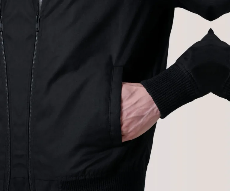Morrison Black Canvas Bomber Jacket — Macro Hardware & Fabric Texture