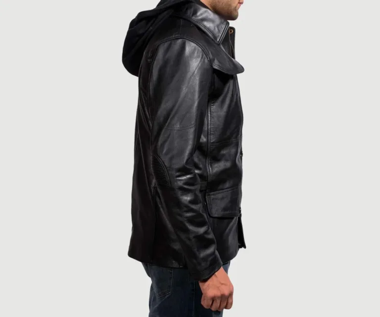 Moulder Hooded Black Leather Jacket — Quarter Angle Profile & Contoured Sleeve Detail