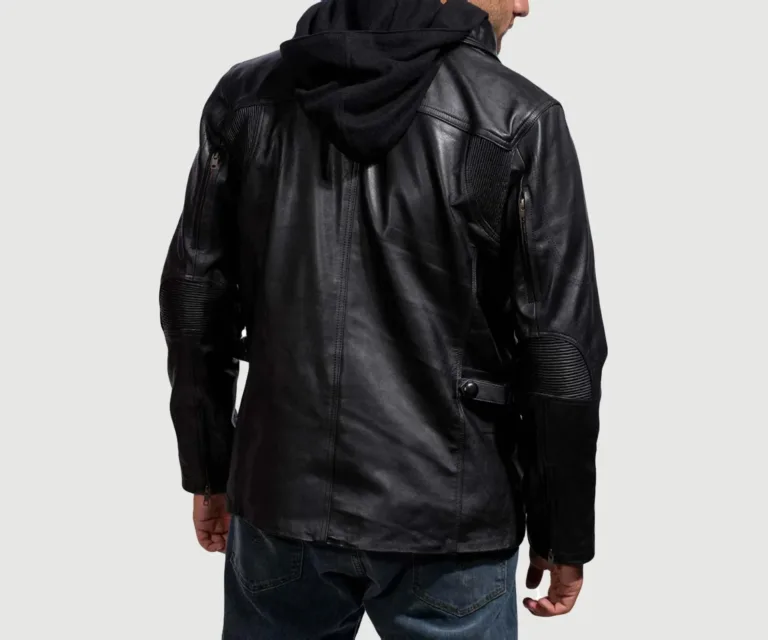 Moulder Hooded Black Leather Jacket — Rear Back View & Tailored Hemline