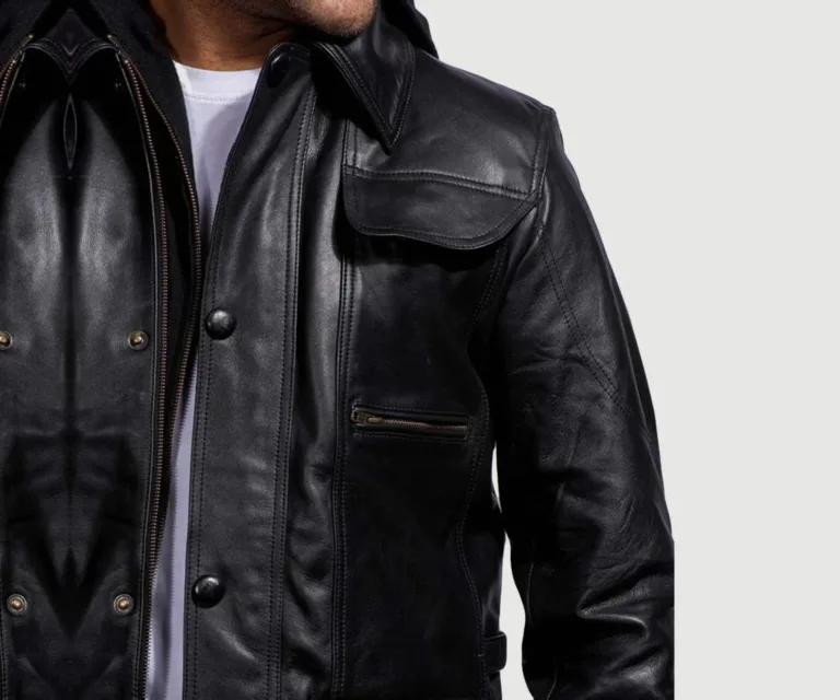 Moulder Hooded Black Leather Jacket — Macro Detail Leather Grain, Stitching & Hardware