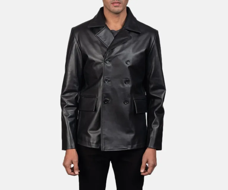Mr. Bailey Black Leather Naval Peacoat — Front Open Hero Presentation