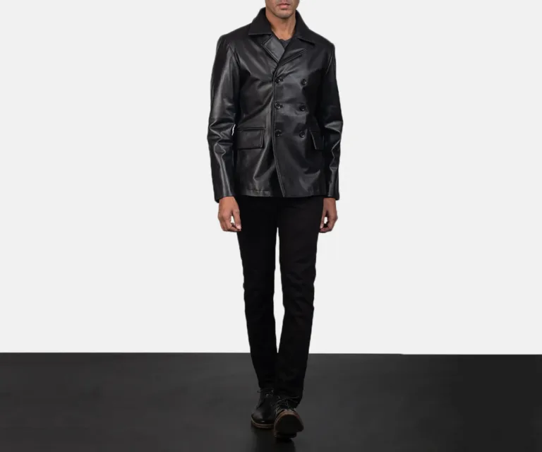 Mr. Bailey Black Leather Naval Peacoat — Front Lapel Closure & Button Detail