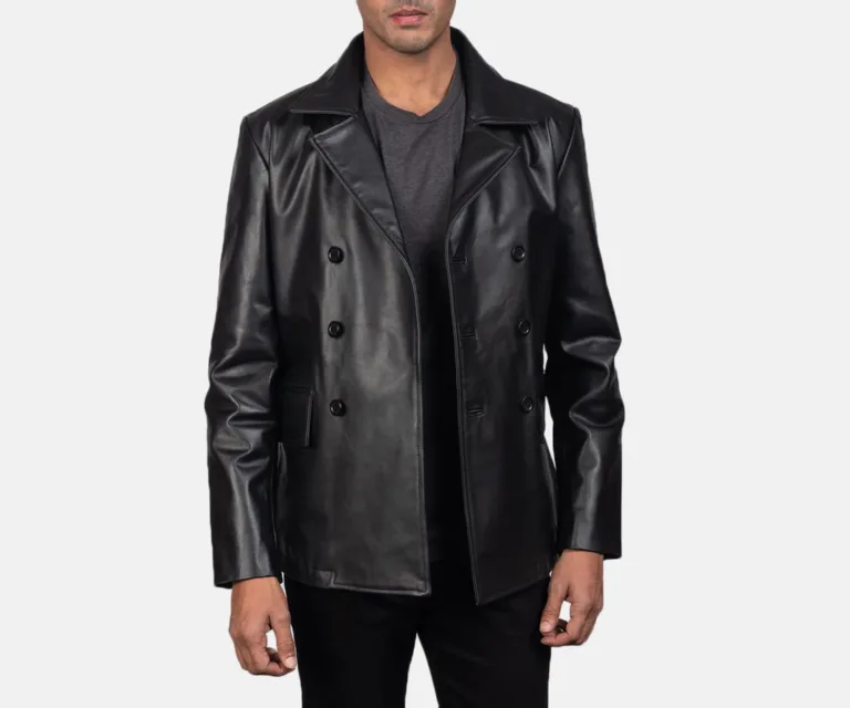 Mr. Bailey Black Leather Naval Peacoat — Rear Back View & Tailored Vent Hemline