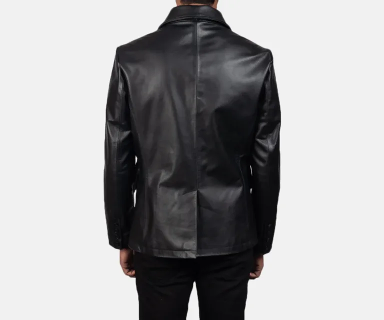 Mr. Bailey Black Leather Naval Peacoat — Macro Detail Leather Grain, Stitching & Buttons