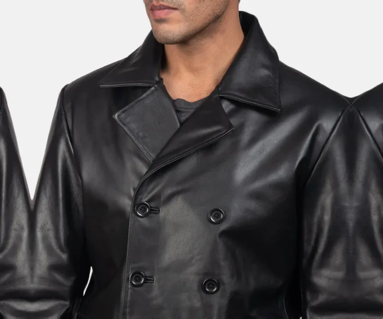 Mr. Bailey Black Leather Naval Peacoat — Full-Length Model Editorial Presentation